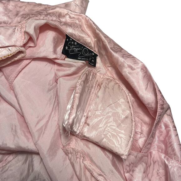 VTG 80s Pink Satin Brocade Long Blazer L Coquette Pretty in Pink Shoulder Pads - Picture 6 of 8